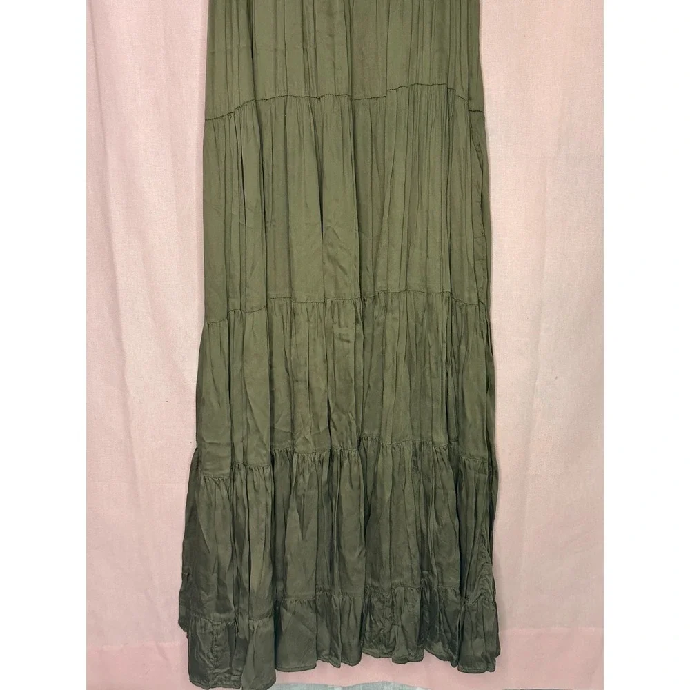 Free People Isadora Maxi Dress XS Olive Satin Gold Sequin Boho Summer